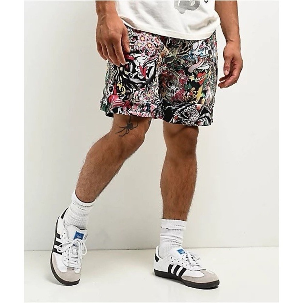 ED HARDY Tattoo Collage Skull Panther Snake Woven Shorts Men's Sz M *NEW* $60